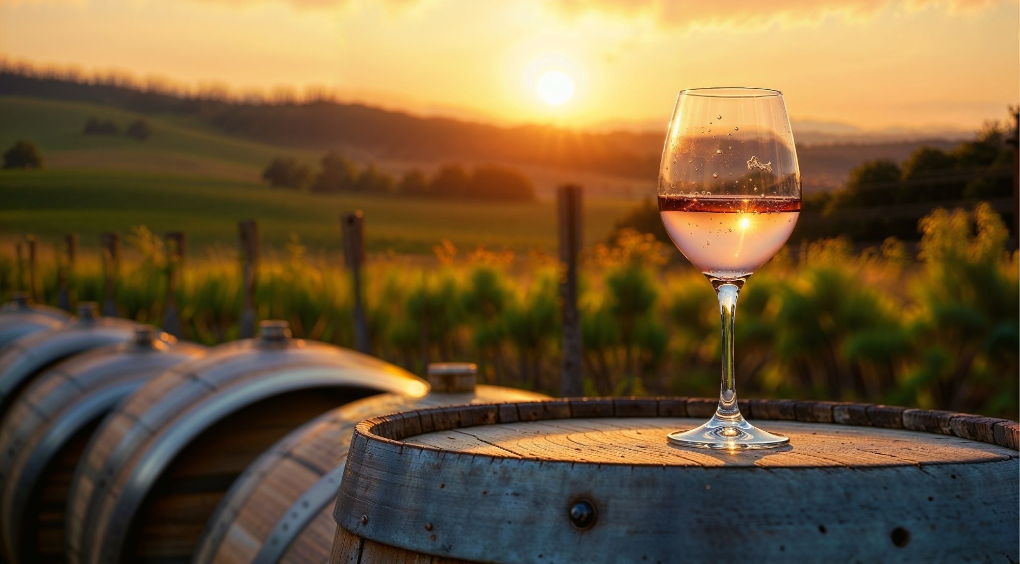 Wine glass on a barrel head at sunset, Chianti hills behind
