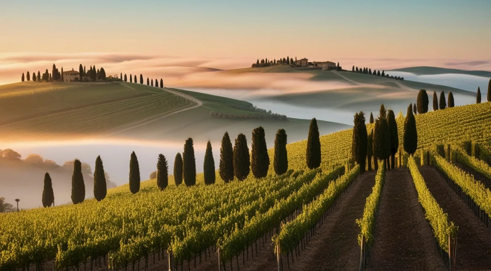 Cypress trees in morning mist on the hills of the Val d'Orcia, the way the valley often looks on a November morning